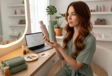 Woman with auburn hair thoughtfully examining two personalized hair care bottles in a minimalist bathroom. A laptop with a customization quiz and other hair products are on the vanity, all in a serene, naturally lit setting.