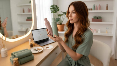 Woman with auburn hair thoughtfully examining two personalized hair care bottles in a minimalist bathroom. A laptop with a customization quiz and other hair products are on the vanity, all in a serene, naturally lit setting.