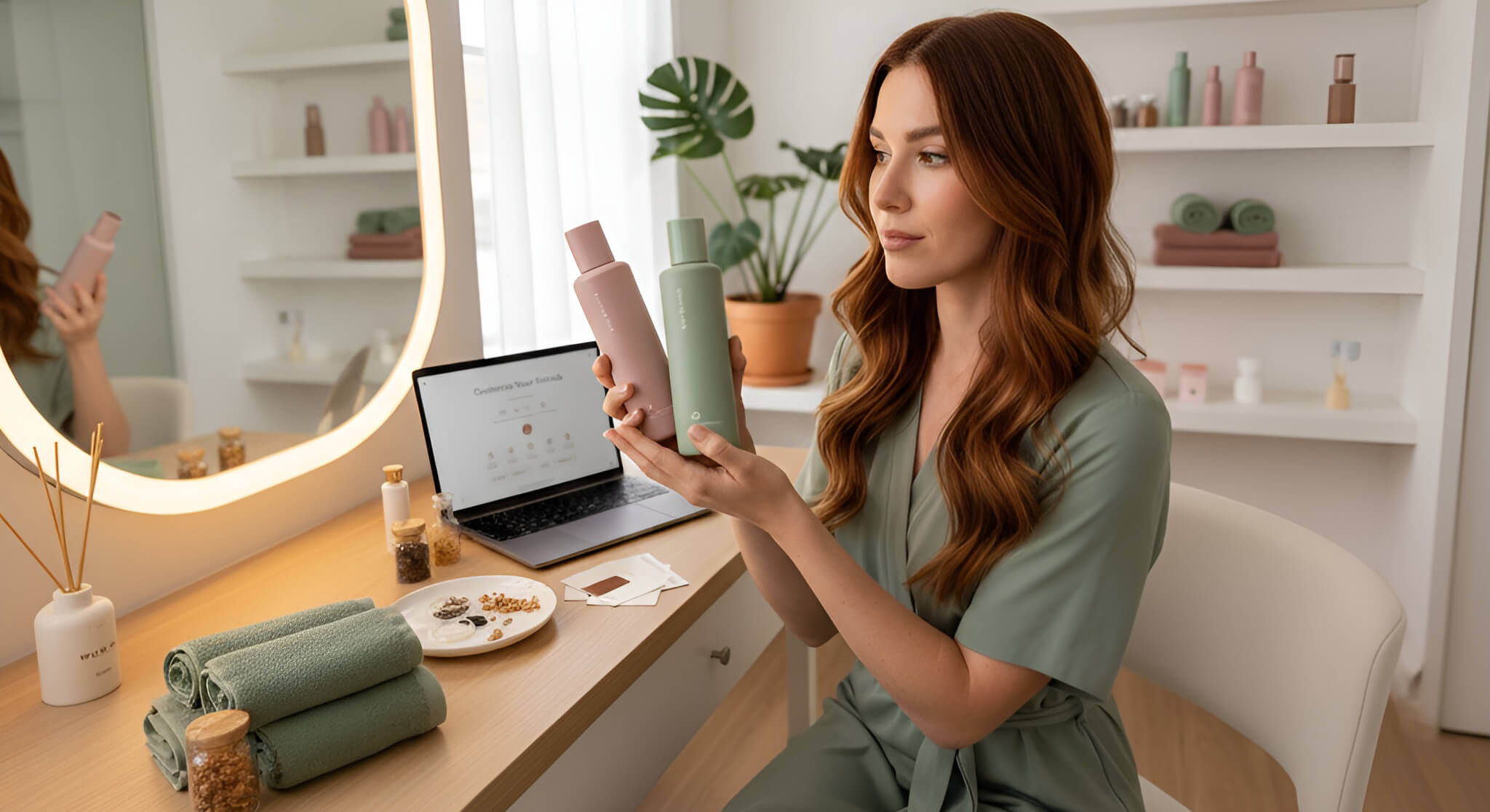 Woman with auburn hair thoughtfully examining two personalized hair care bottles in a minimalist bathroom. A laptop with a customization quiz and other hair products are on the vanity, all in a serene, naturally lit setting.