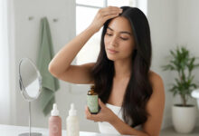 A woman with lustrous dark hair gently massages a non-comedogenic oil into her scalp in a spacious, sunlit bathroom.
