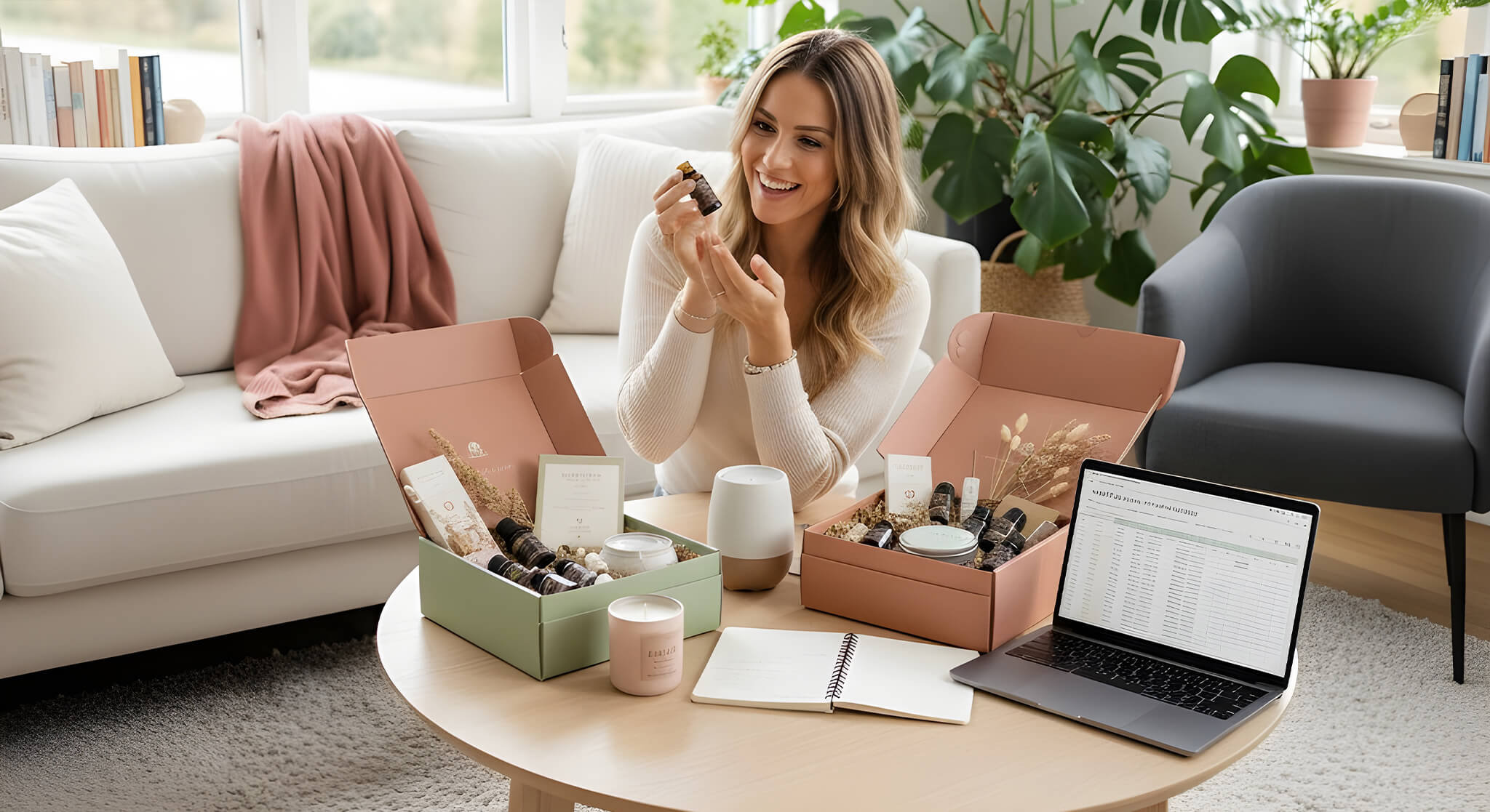 A smiling woman sits in a bright, modern living room at a coffee table. She is holding a small bottle, presenting products from two open gift boxes (one green, one pink) that contain items like essential oils and candles. A laptop displaying a spreadsheet, a notebook, and an oil diffuser are also on the table.