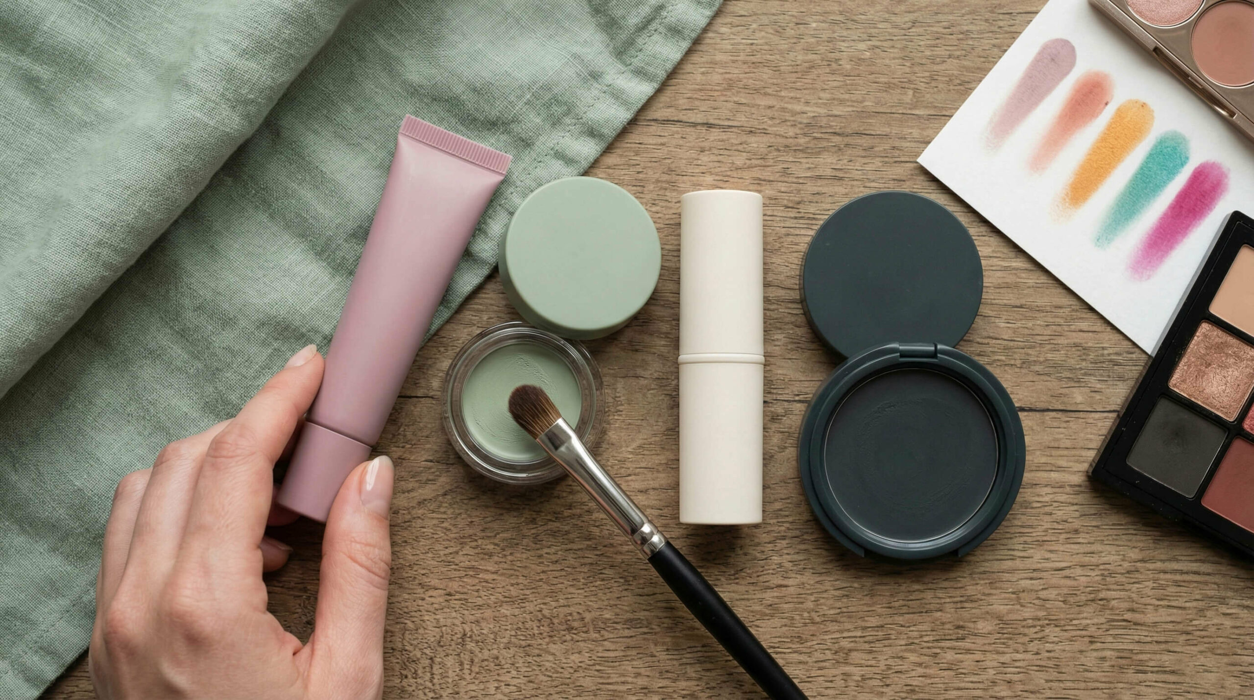 flat lay captures a hand reaching for a dusty rose eye primer amidst a curated selection of sage green, cream, and charcoal makeup products arranged on a rustic wooden surface