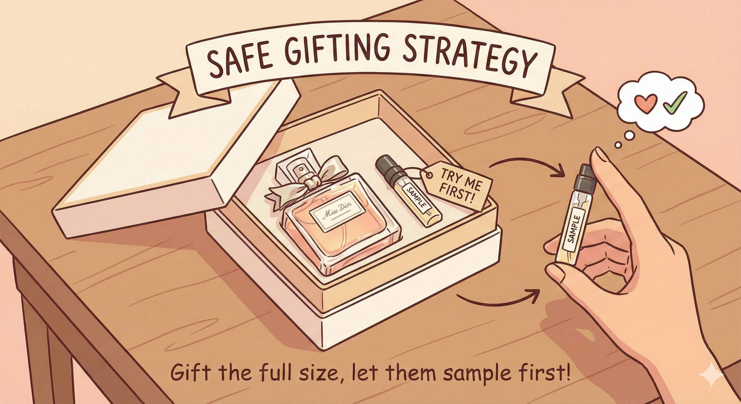 An illustration of the "Safe Gifting Strategy." It shows a gift box with a full bottle alongside a small sample vial, visually explaining the "Try the sample first" concept.