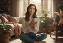 An ultra-wide, distant shot of Mia, a woman sitting on the floor in her cozy, sunlit living room with autumn foliage visible outside, holding a moisturizer, illustrating how switching her moisturizer in the fall saved her skin.