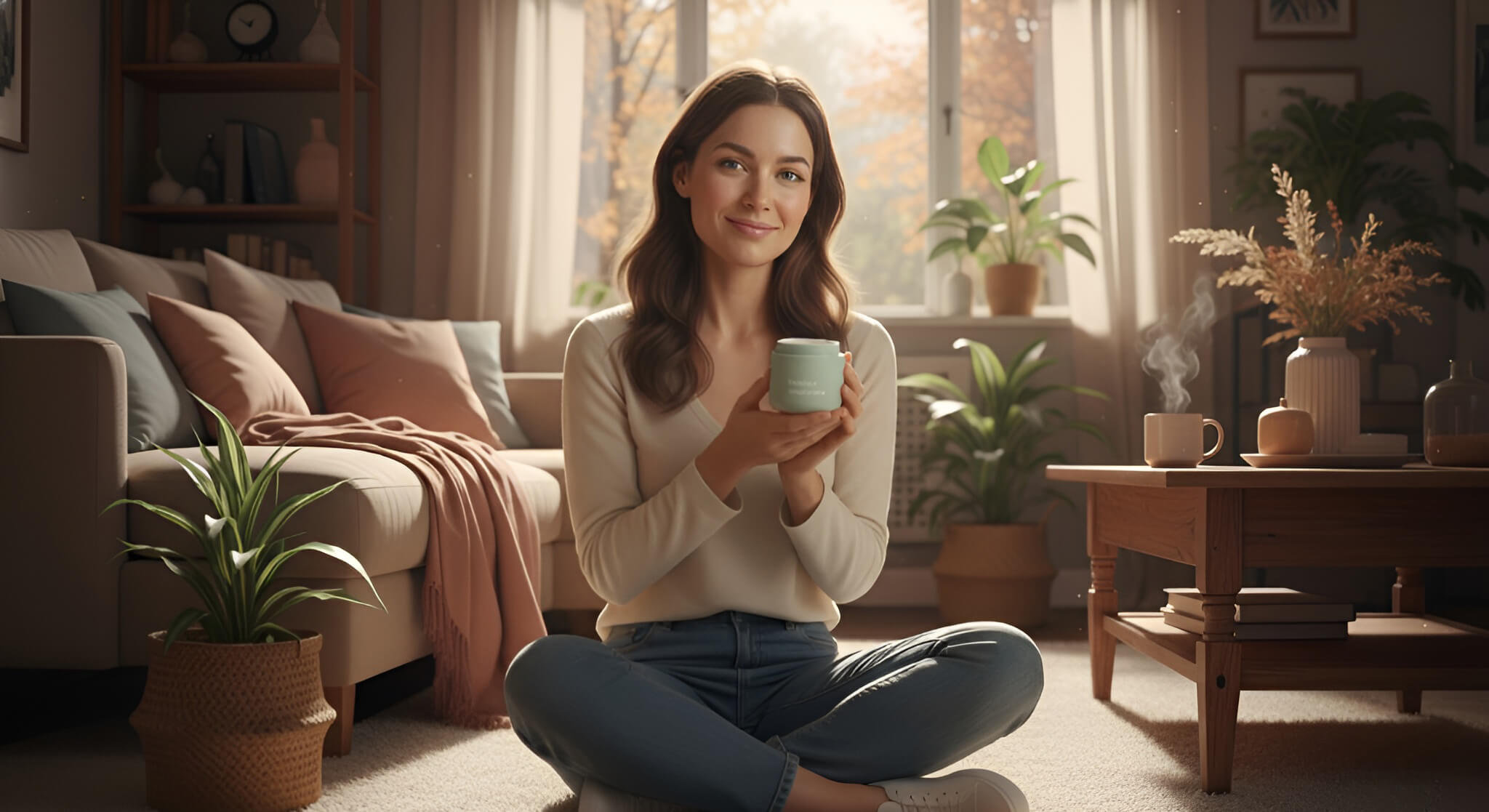 An ultra-wide, distant shot of Mia, a woman sitting on the floor in her cozy, sunlit living room with autumn foliage visible outside, holding a moisturizer, illustrating how switching her moisturizer in the fall saved her skin.