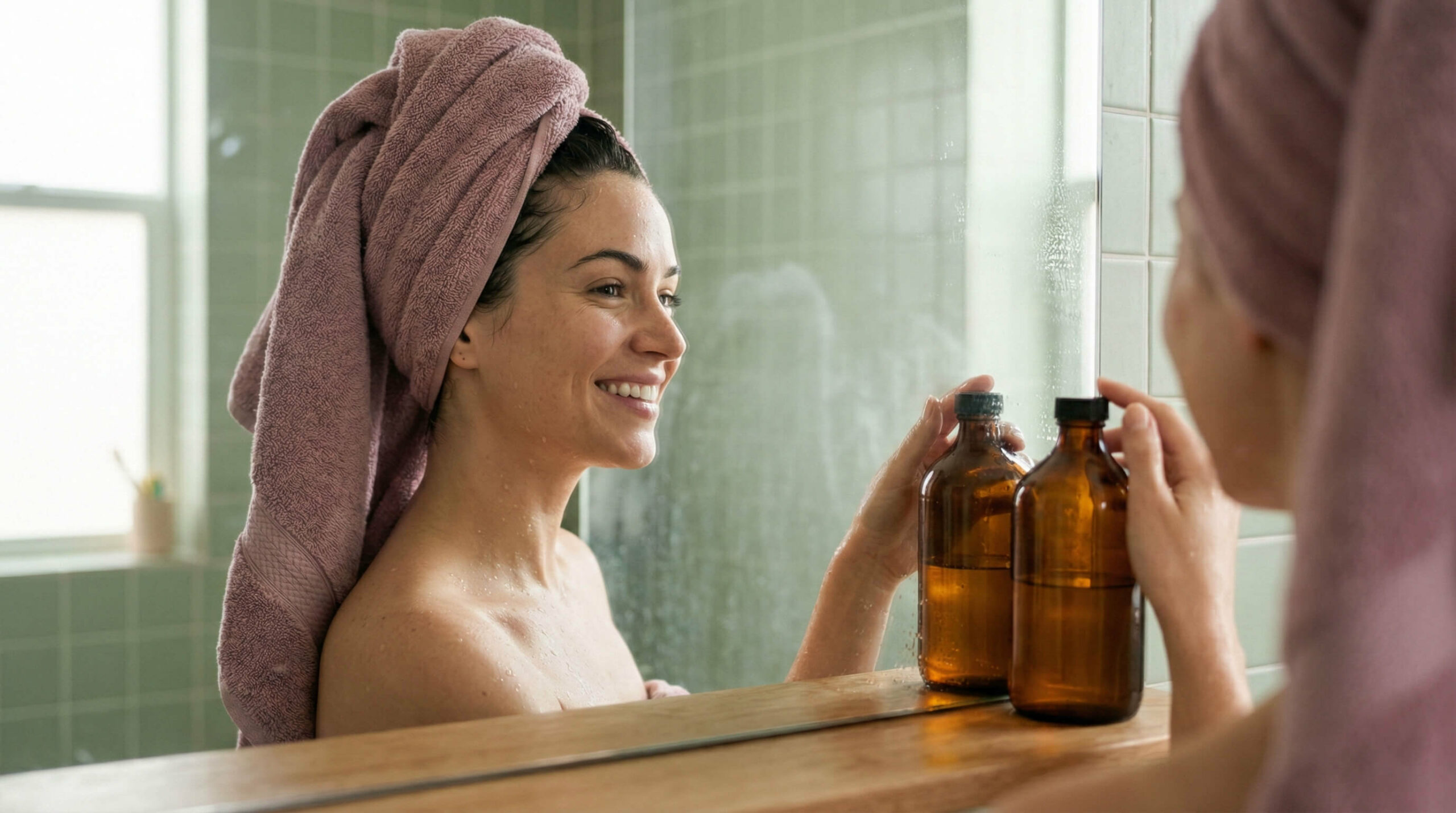 a gorgeous woman with a dusty rose towel wrapped around her hair, smiling happily at her reflection in a steamy, sage-green tiled bathroom as she touches an amber glass bottle.