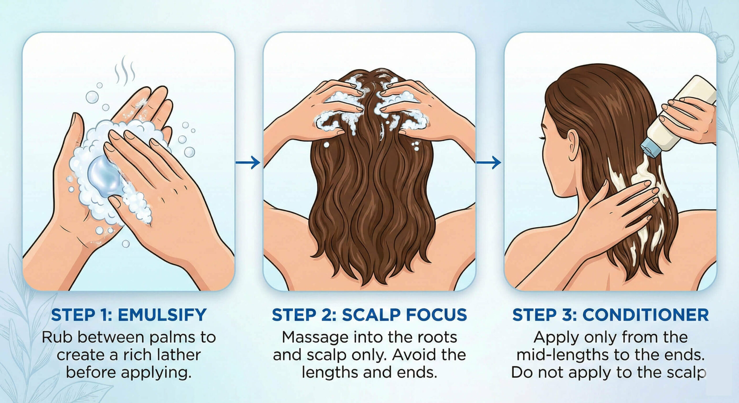 Shows shampoo lathering in hands