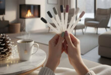 Hands hold winter nail polish swatches over a steaming tea cup, with a cozy fireplace and snowy view in the background.