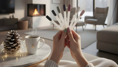 Hands hold winter nail polish swatches over a steaming tea cup, with a cozy fireplace and snowy view in the background.