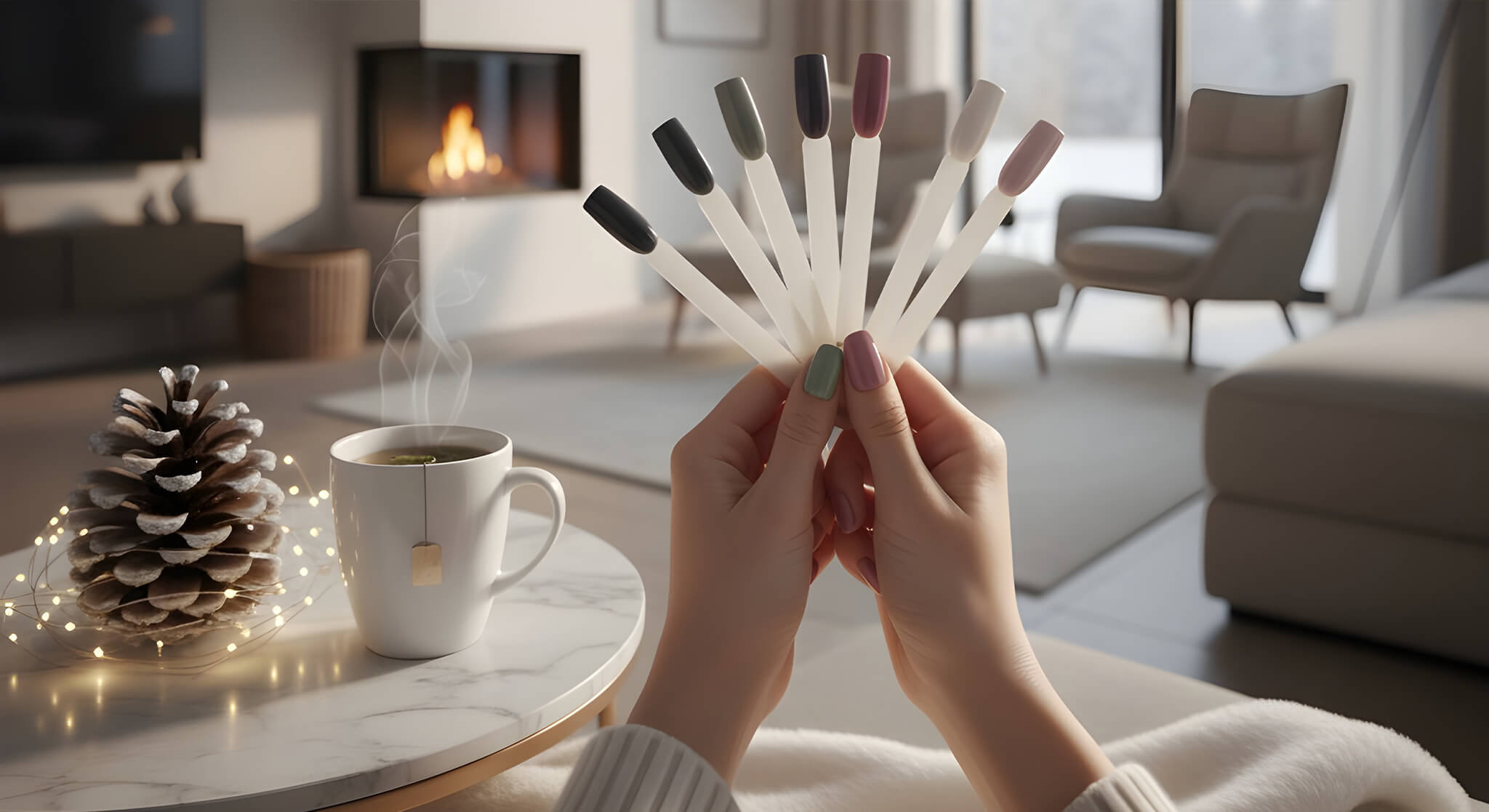 Hands hold winter nail polish swatches over a steaming tea cup, with a cozy fireplace and snowy view in the background.