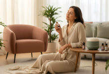 Chloe, serene in her transformed home sanctuary, adds essential oil to a diffuser, bathed in soft natural light.