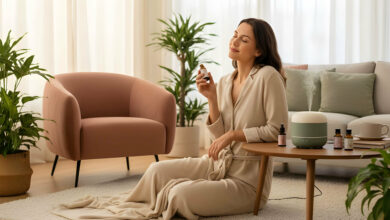 Chloe, serene in her transformed home sanctuary, adds essential oil to a diffuser, bathed in soft natural light.