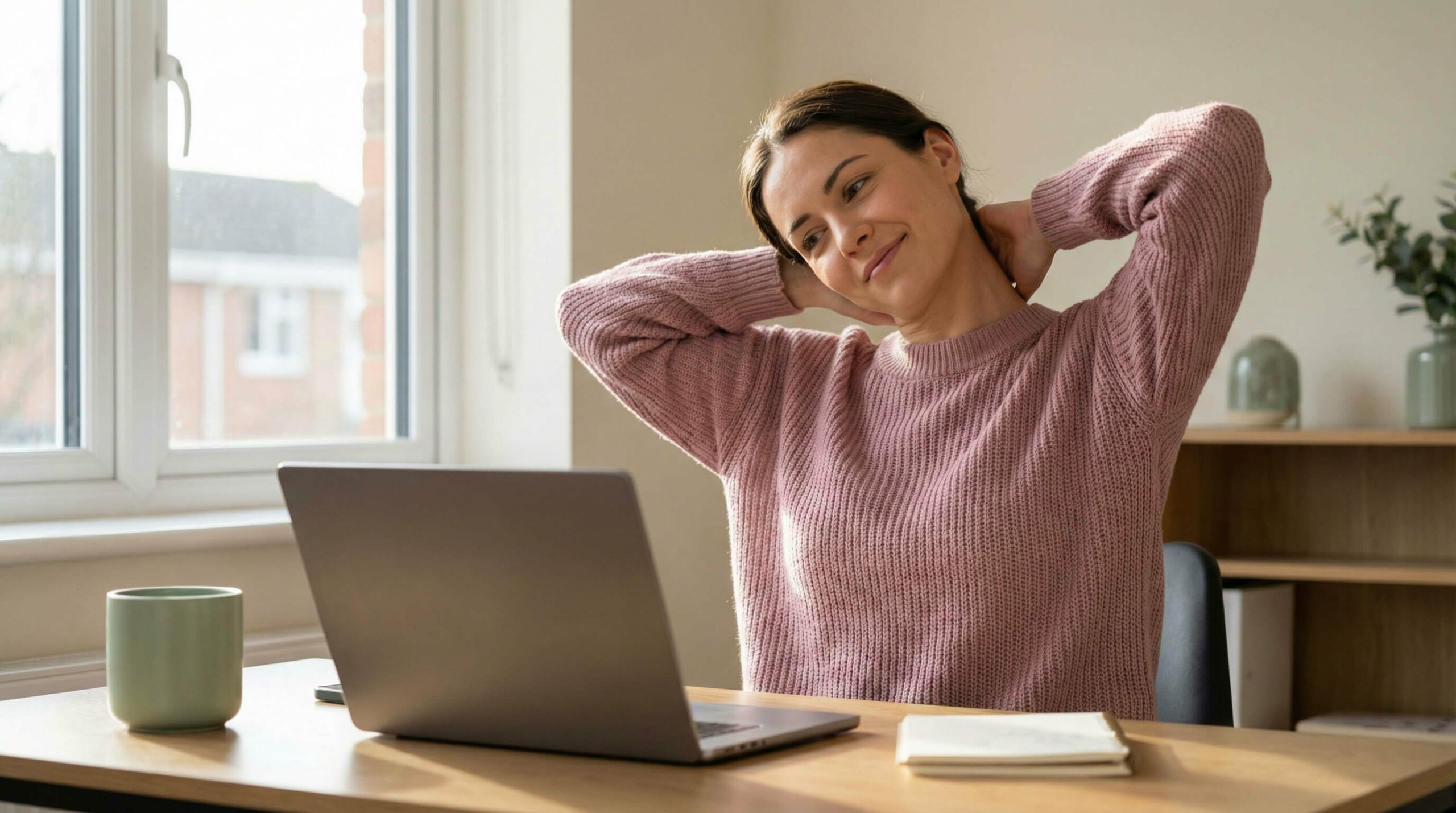 a gorgeous woman in a dusty rose sweater experiencing relief as she stretches her neck at a sunlit desk, accompanied by a sage green mug.