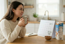a woman with hormonal acne spots thoughtfully holding a mug next to a calendar marking the start of a 30-day dairy-free detox and a carton of almond milk on a kitchen table.