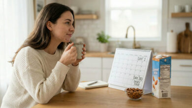 a woman with hormonal acne spots thoughtfully holding a mug next to a calendar marking the start of a 30-day dairy-free detox and a carton of almond milk on a kitchen table.