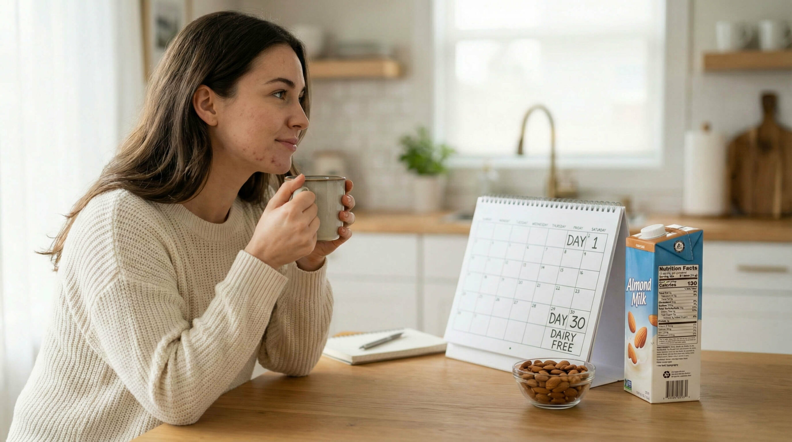 a woman with hormonal acne spots thoughtfully holding a mug next to a calendar marking the start of a 30-day dairy-free detox and a carton of almond milk on a kitchen table.