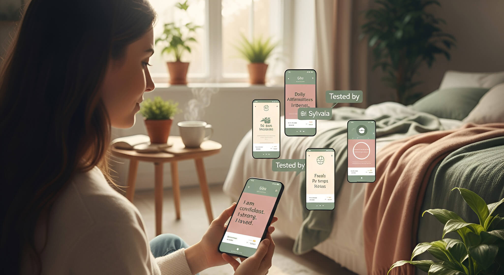 An ultra-wide angle shot of a woman sitting peacefully in her spacious, sunlit living room, using one of the "best daily affirmations apps" on her smartphone, as tested by Sylvaia.