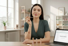 a woman in a bright, modern room, applying a lip oil while displaying swatches on her arm and a laptop screen shows "Tested by Sylvaia," reviewing the best lip oils for natural, non-sticky shine.