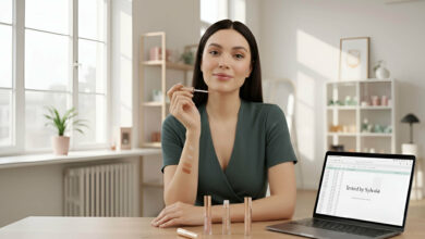 a woman in a bright, modern room, applying a lip oil while displaying swatches on her arm and a laptop screen shows "Tested by Sylvaia," reviewing the best lip oils for natural, non-sticky shine.