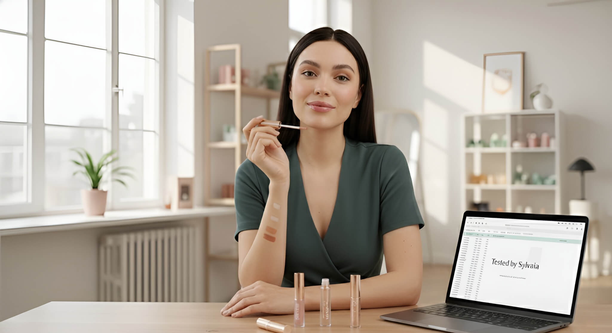 a woman in a bright, modern room, applying a lip oil while displaying swatches on her arm and a laptop screen shows "Tested by Sylvaia," reviewing the best lip oils for natural, non-sticky shine.