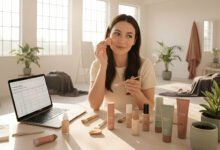 a woman at her vanity, testing both a makeup sponge and a brush to find the best tool for blending foundation fast, as part of a 'Tested by Sylvaia' review