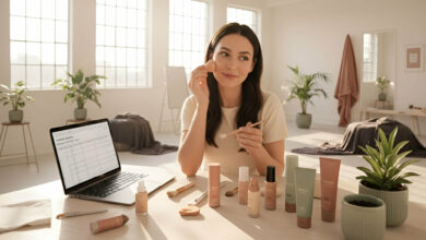 a woman at her vanity, testing both a makeup sponge and a brush to find the best tool for blending foundation fast, as part of a 'Tested by Sylvaia' review