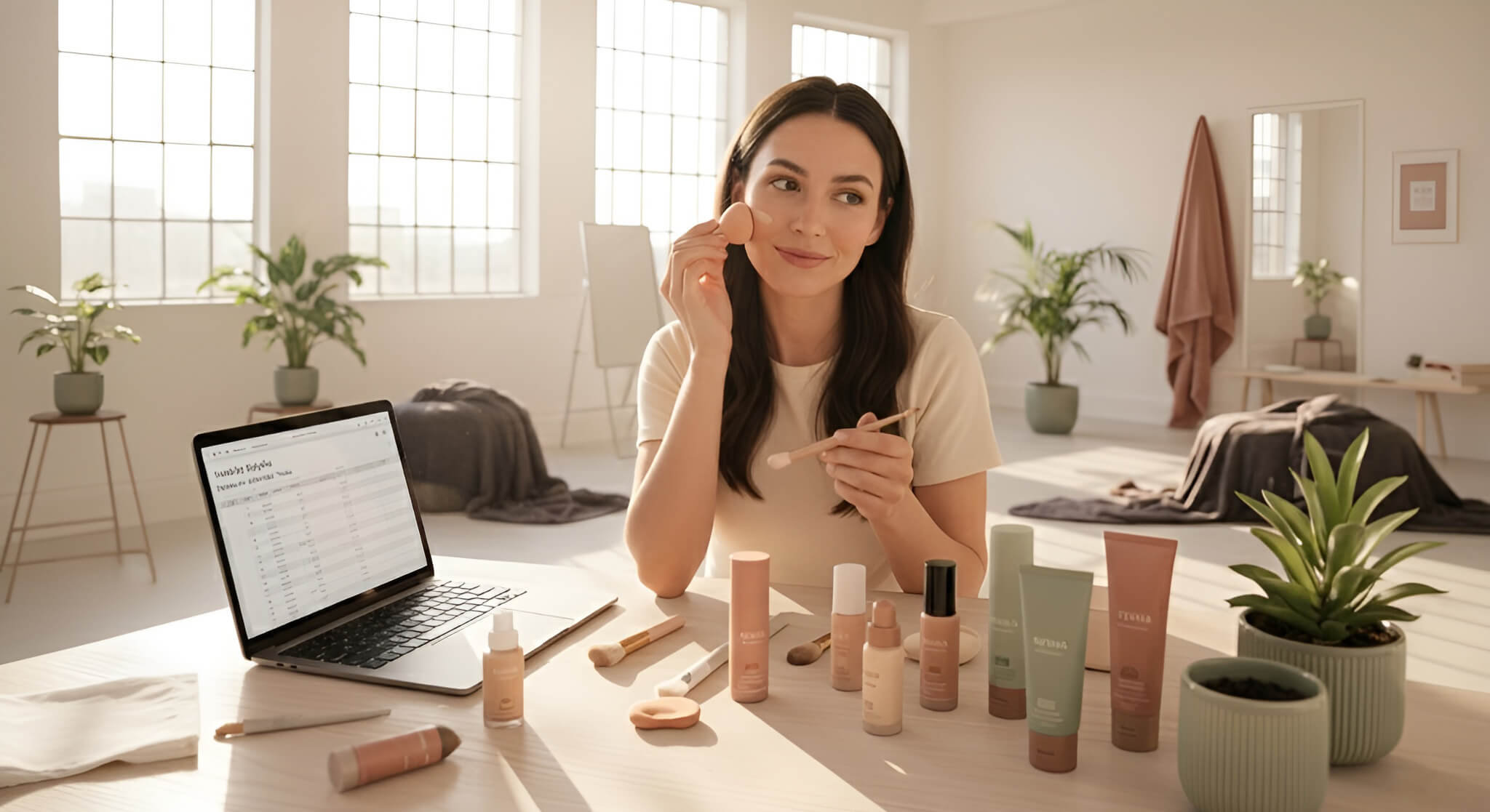 a woman at her vanity, testing both a makeup sponge and a brush to find the best tool for blending foundation fast, as part of a 'Tested by Sylvaia' review