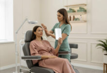 A dermatologist demonstrates a non-surgical eye lift to a patient in a bright, modern clinic.