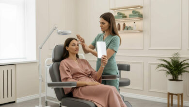 A dermatologist demonstrates a non-surgical eye lift to a patient in a bright, modern clinic.