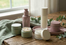 a curated collection of five moisturizer containers in sage green, dusty rose, and cream hues, arranged on a rustic wooden table by a sunlit window with eucalyptus accents.