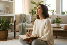 A serene woman journals with tea in a sun-drenched, minimalist living room, looking peaceful.