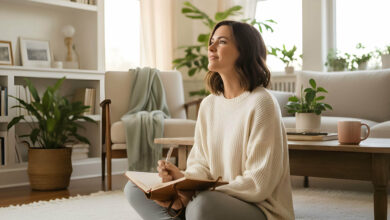 A serene woman journals with tea in a sun-drenched, minimalist living room, looking peaceful.