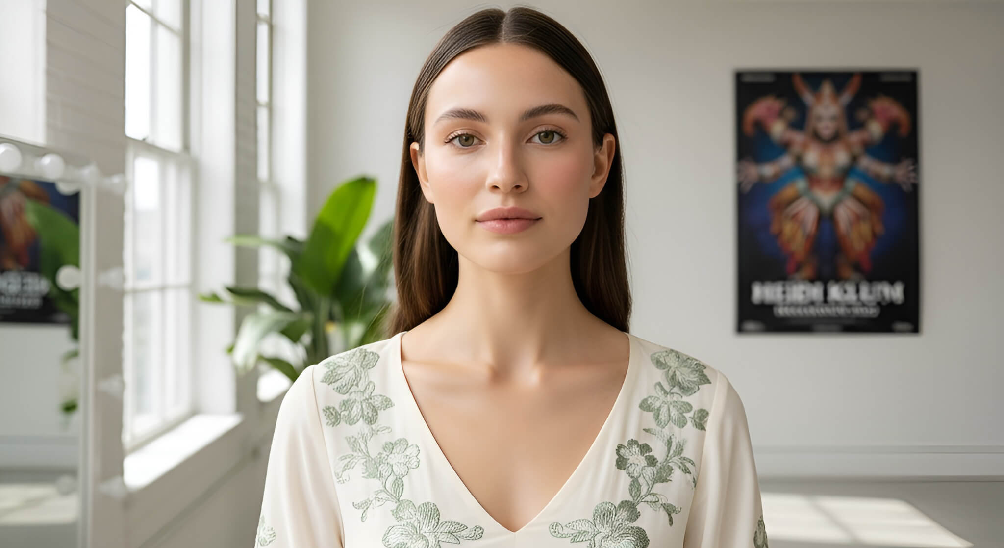 A young woman with a natural, "invisible makeup" look, wearing an embroidered dress, in a bright room with a poster featuring a theatrical Halloween costume in the background, offering an antidote to "Heidi Klum Halloween 2025" overload.