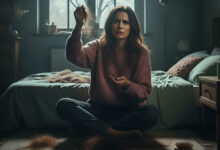 A concerned woman sitting on the floor, holding a clump of hair and looking worried, surrounded by fallen hair, illustrating seasonal hair loss linked to November 1st.