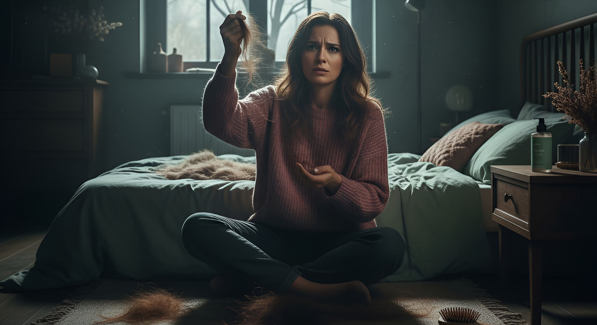 A concerned woman sitting on the floor, holding a clump of hair and looking worried, surrounded by fallen hair, illustrating seasonal hair loss linked to November 1st.