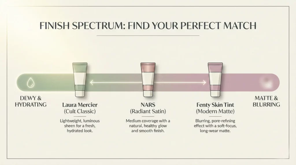 An infographic spectrum placing Laura Mercier, NARS, and Fenty tinted moisturizers from dewy to matte finishes.