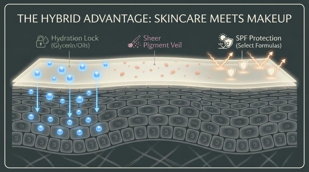 A scientific diagram illustrating how tinted moisturizer combines hydration, sheer pigment, and SPF in one layer on the skin.