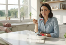 A serene woman applies serum to her clear skin in a bright, modern bathroom.