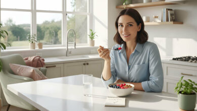 A serene woman applies serum to her clear skin in a bright, modern bathroom.