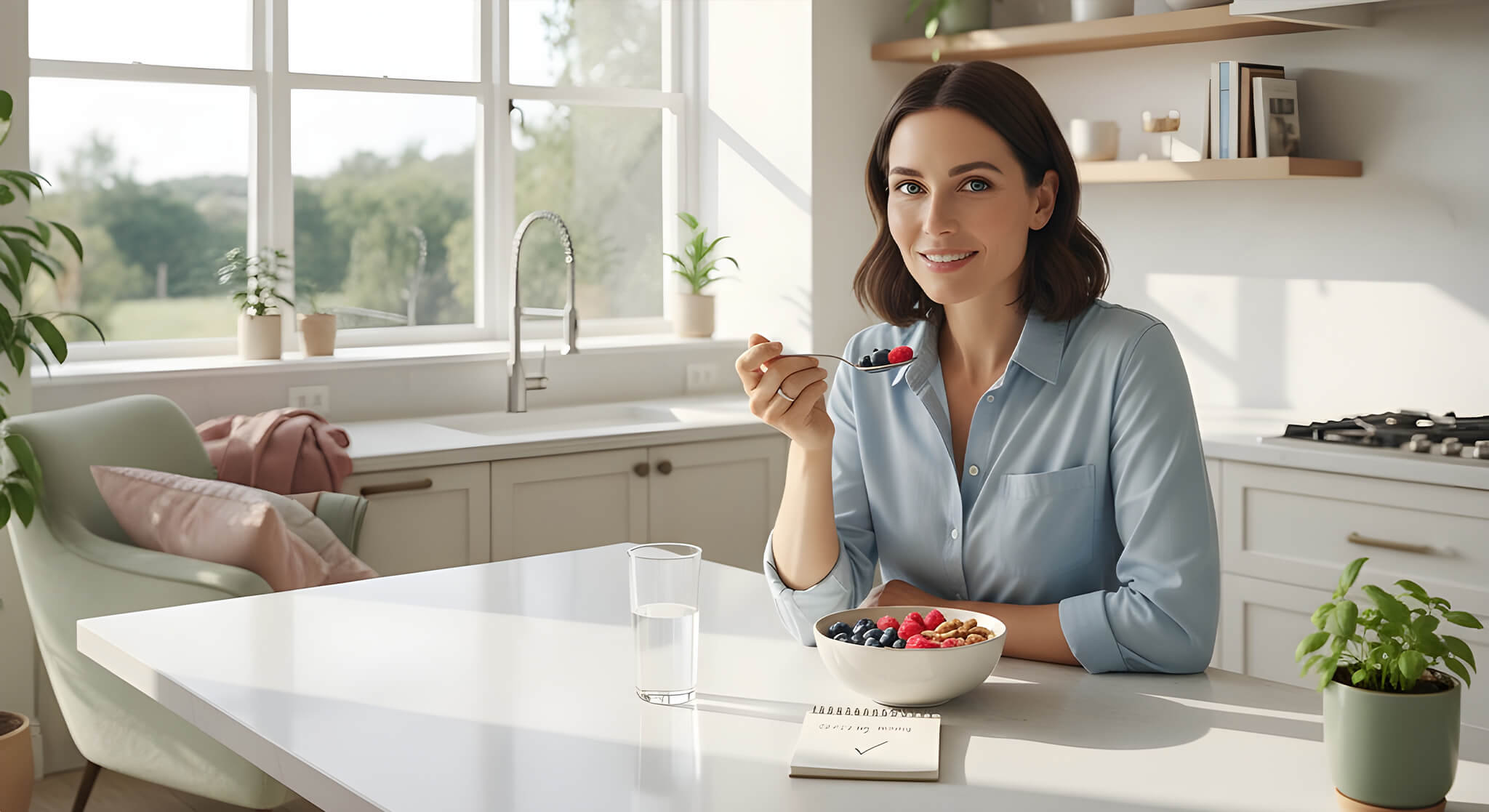 A serene woman applies serum to her clear skin in a bright, modern bathroom.