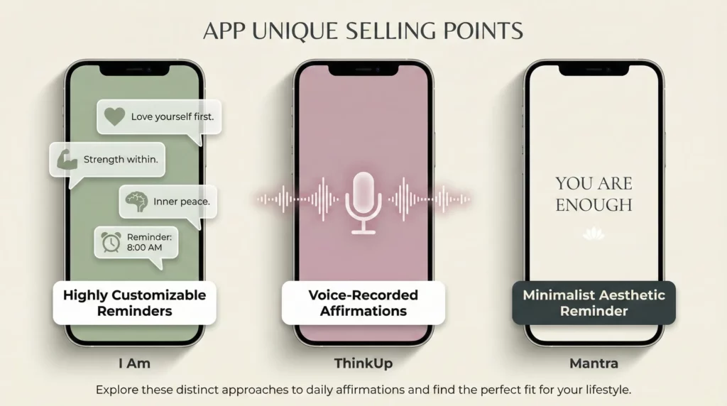 Infographic comparing the unique interfaces and features of 'I Am', 'ThinkUp', and 'Mantra' affirmation apps.