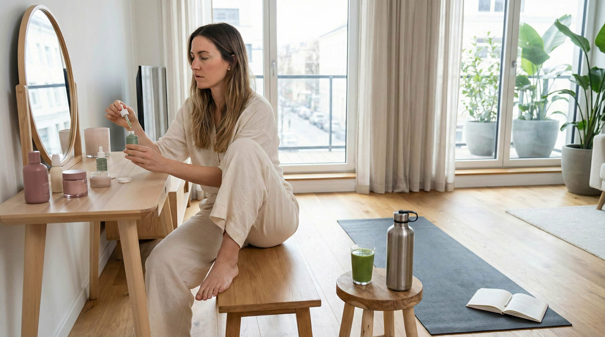 a woman in a sunlit room managing hormonal acne, demonstrating a comparison between applying topical skincare products and adopting lifestyle changes like yoga and healthy hydration.