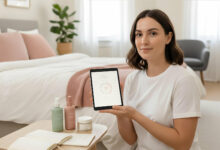A serene woman tracks her cycle-synced skincare on a device, surrounded by products in a bright, modern room.