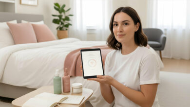 A serene woman tracks her cycle-synced skincare on a device, surrounded by products in a bright, modern room.