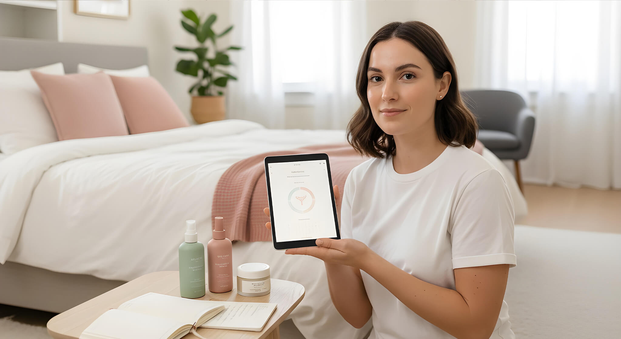 A serene woman tracks her cycle-synced skincare on a device, surrounded by products in a bright, modern room.