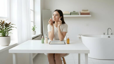 A serene woman applies serum to her clear skin in a bright, modern bathroom.