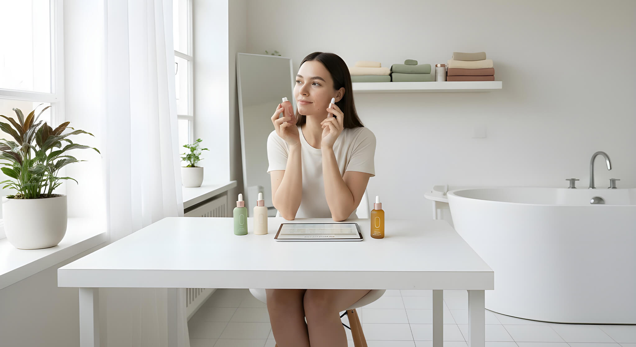 A serene woman applies serum to her clear skin in a bright, modern bathroom.