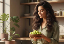 A woman with thick, shiny hair smiles, holding a bowl of fresh Amla fruits in a sunlit kitchen.