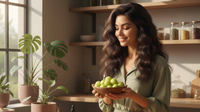 A woman with thick, shiny hair smiles, holding a bowl of fresh Amla fruits in a sunlit kitchen.