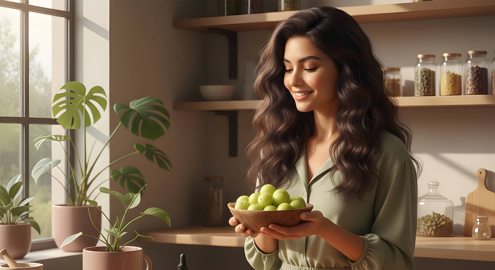 A woman with thick, shiny hair smiles, holding a bowl of fresh Amla fruits in a sunlit kitchen.